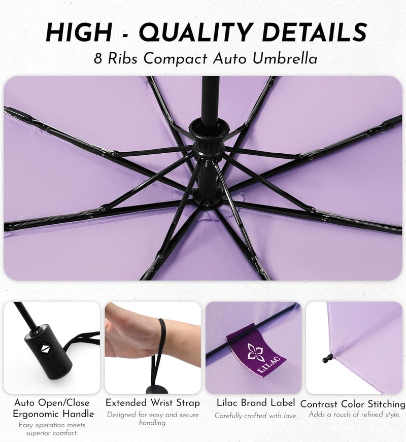 Lilac Compact Travel Windproof Umbrella, 43" Auto open/close Folding Quick Dry Umbrellas for Rain, Lightweight Portable Small for Backpack Car, Thoughtful Gift for Women Men Kids, TSA Approved - Image 5